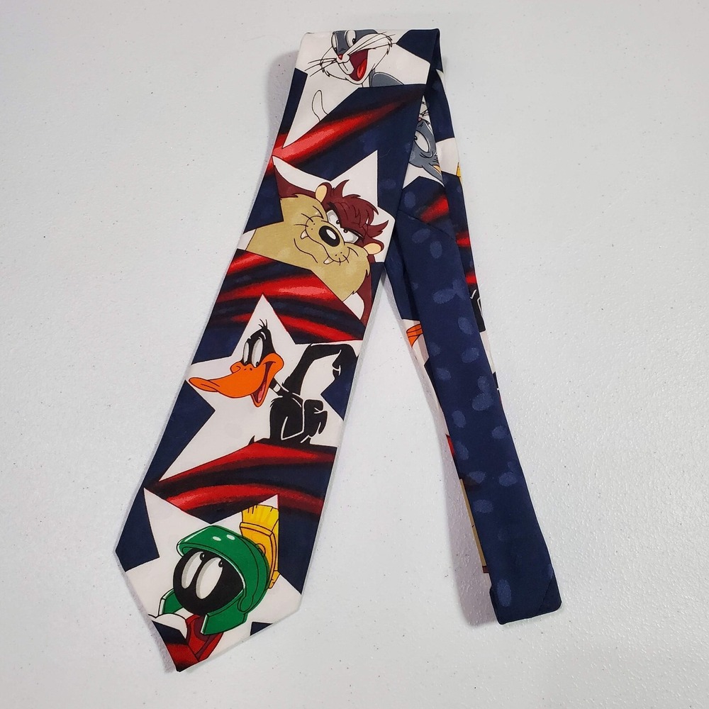 VINTAGE Looney Tunes Men Necktie Blue 1994‎ Mania Taz Daffy Bugs Martin Star